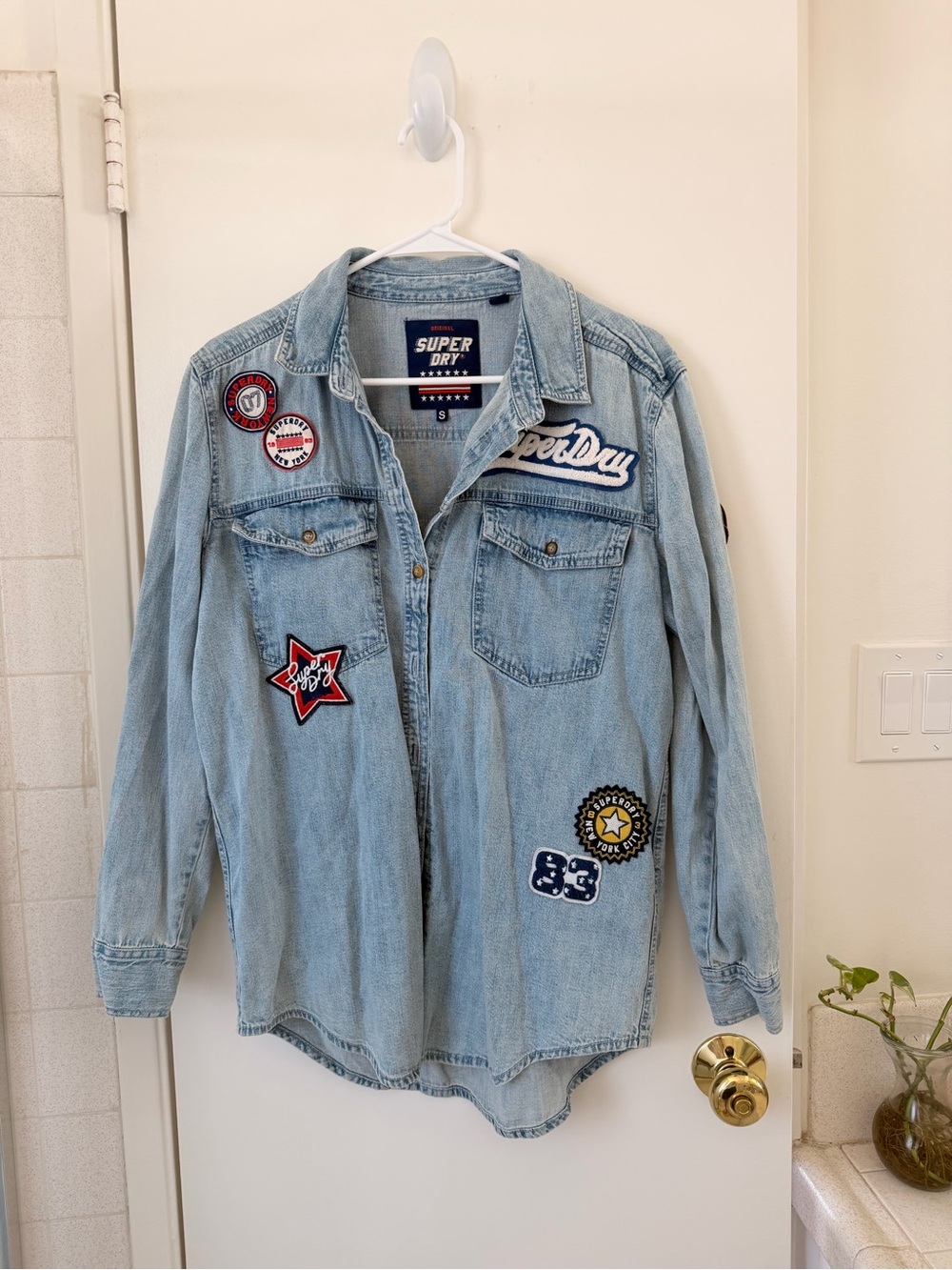 Superdry Light Blue Denim Shirt Jacket with Red & Navy Patches